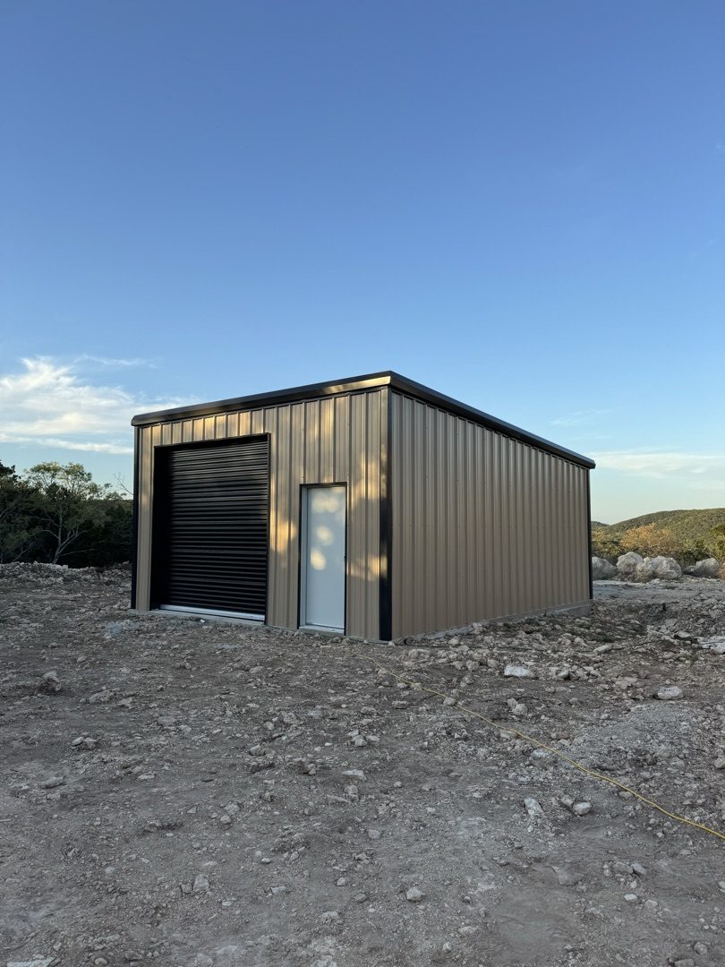 Metal building with roll-up door and walkthrough door, Central Texas